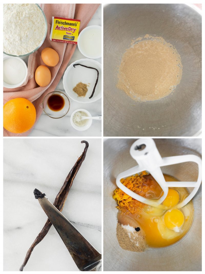 collage of the steps to mix the dough for danish pastry in a mixing bowl