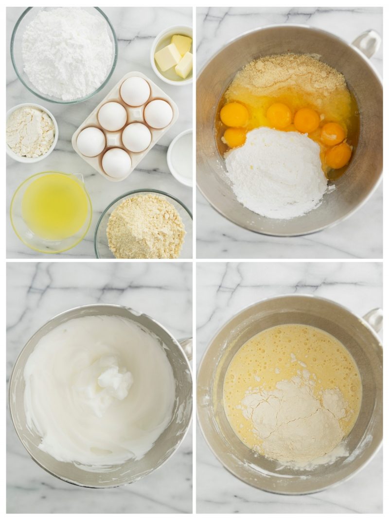 collage of ingredients to make almond sponge cake with eggs, almond flour and butter