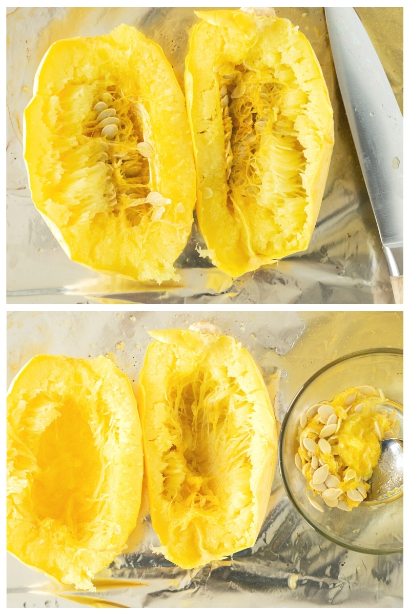 collage of baked spaghetti squash with and without seeds