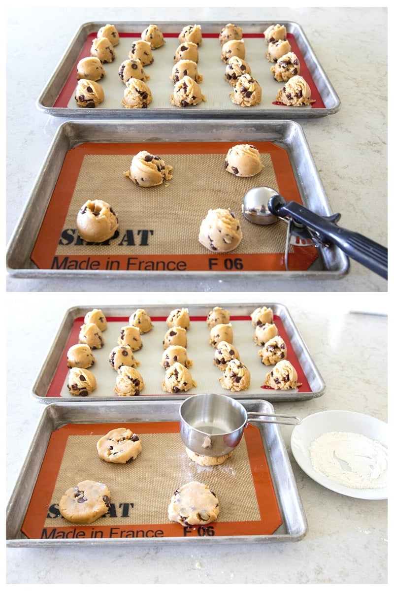 scooping cookie dough onto a baking sheet