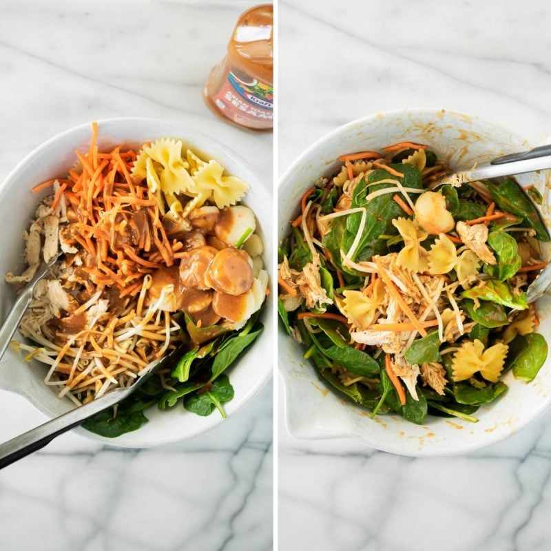 collage of tossing spinach and pasta salad with rotisserie chicken