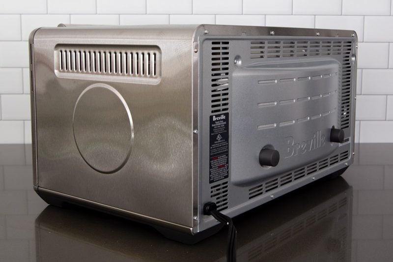 45 degree picture of the Breville Smart Oven Air Fryer from the back, showing the vents.