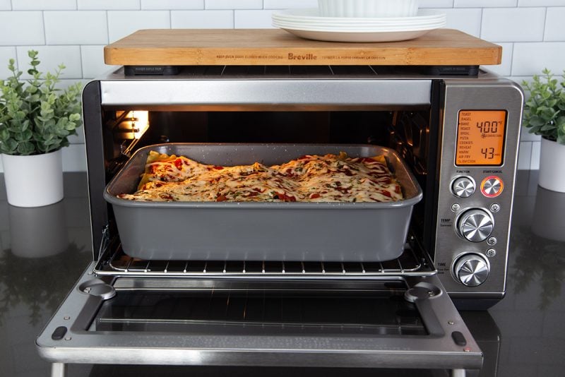 Lasagna baking in a Breville Smart Oven Air Fryer.