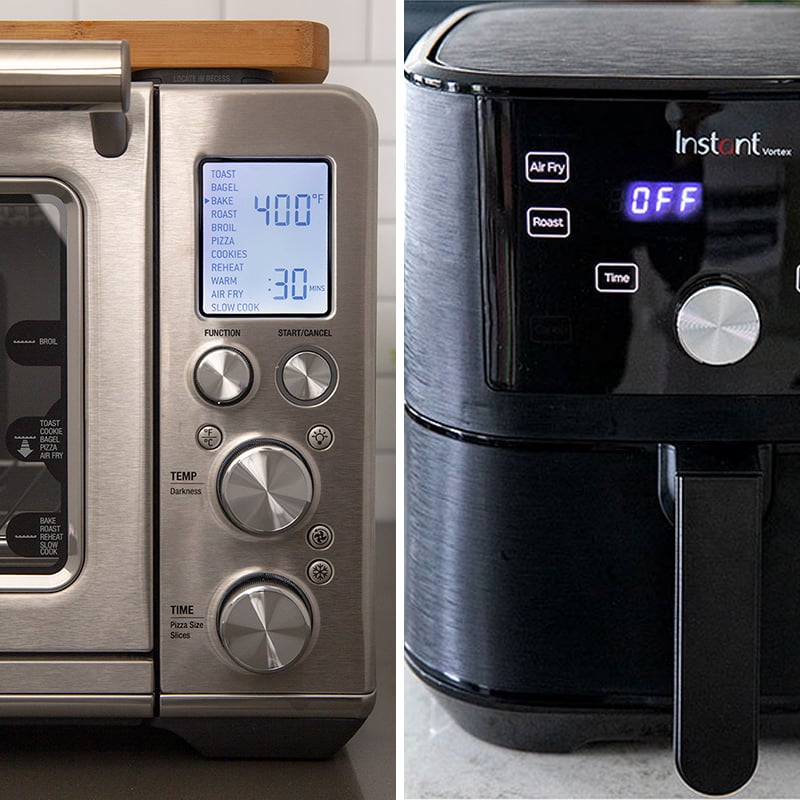 Side by side close ups of the Breville Smart Oven Air Fryer and the Instant Pot Vortex Basket Air Fryer