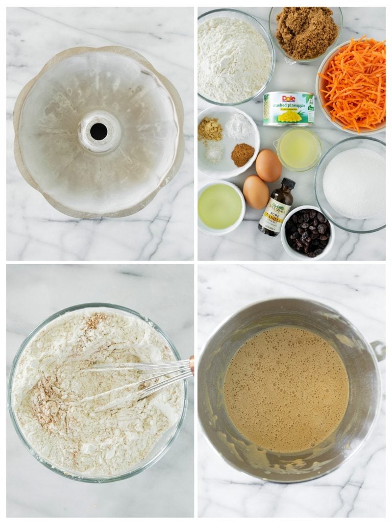 ingredients and mixing steps for carrot cake with pineapple