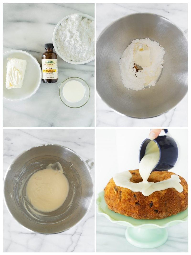 collage of the steps to make cream cheese icing for bundt cake batter