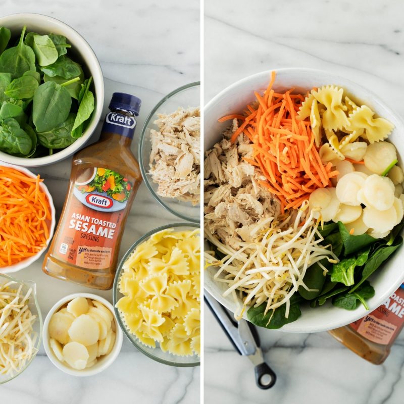 collage of ingredients for Asian spinach salad with chicken
