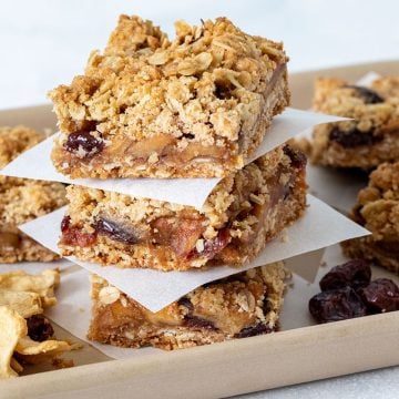 stack of bars with oats, apples, and cherries