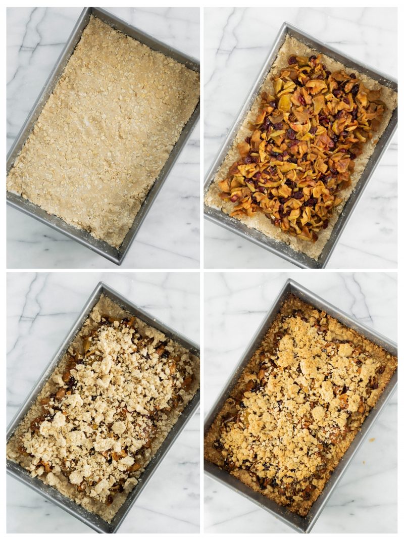filling a baking dish with apple crumble ingredients