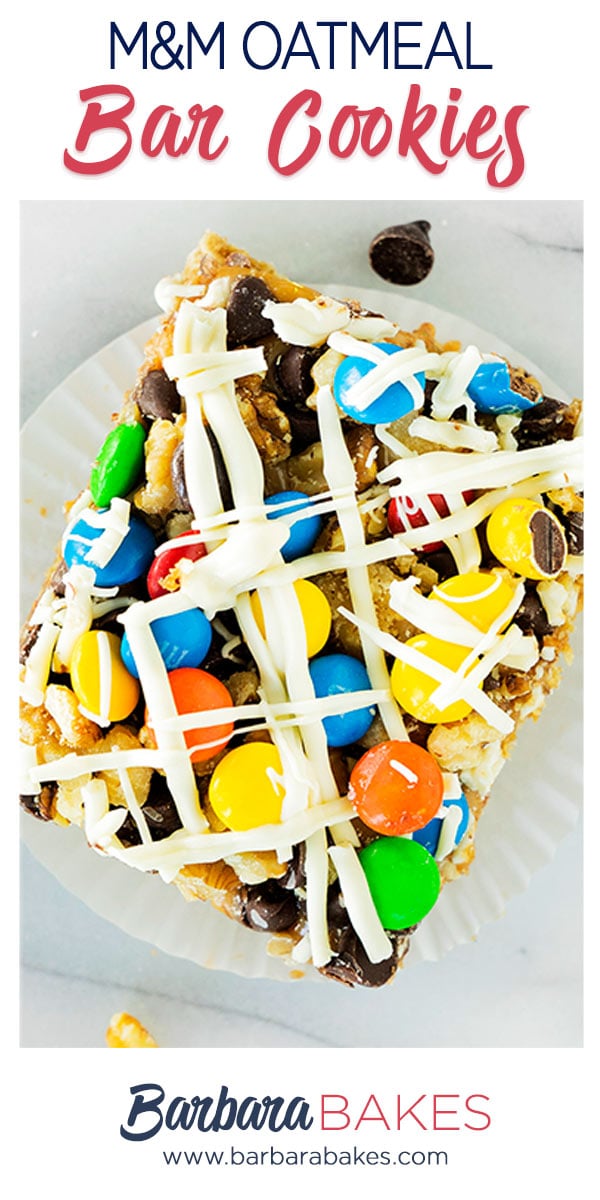 oatmeal bar cookies with white chocolate and m&m candies pinterest button