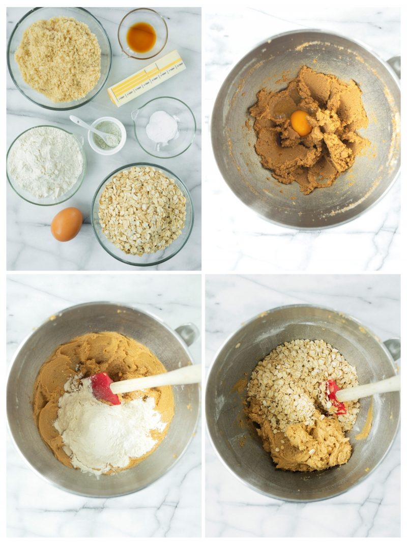 collage of the steps to make oatmeal cookie crust for bars