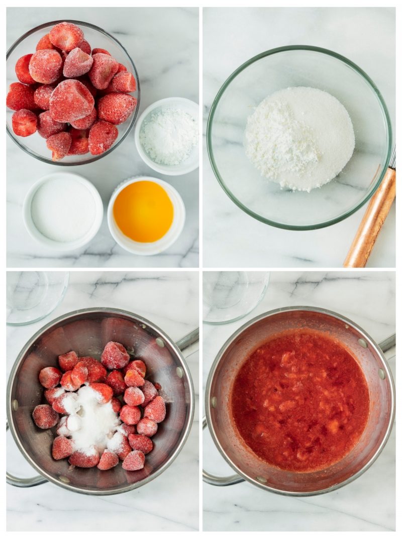 collage of steps to make strawberry sauce 