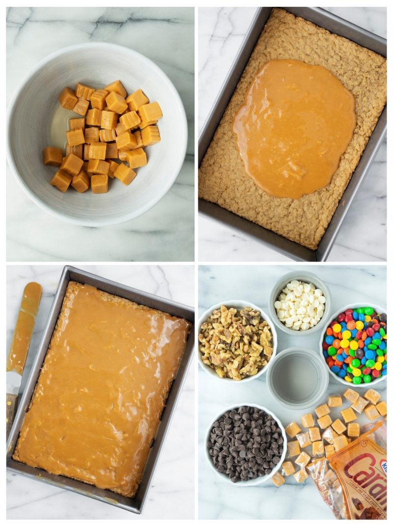 collage of filling a pan with cookie crust, melted caramel for oatmeal bars