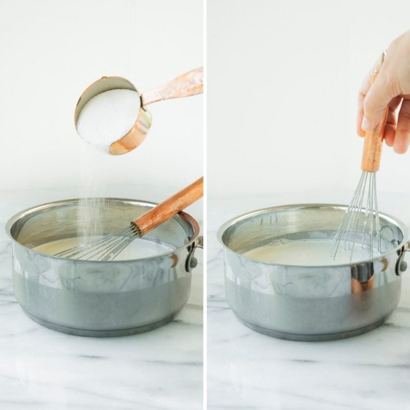 stirring sugar into a pot 