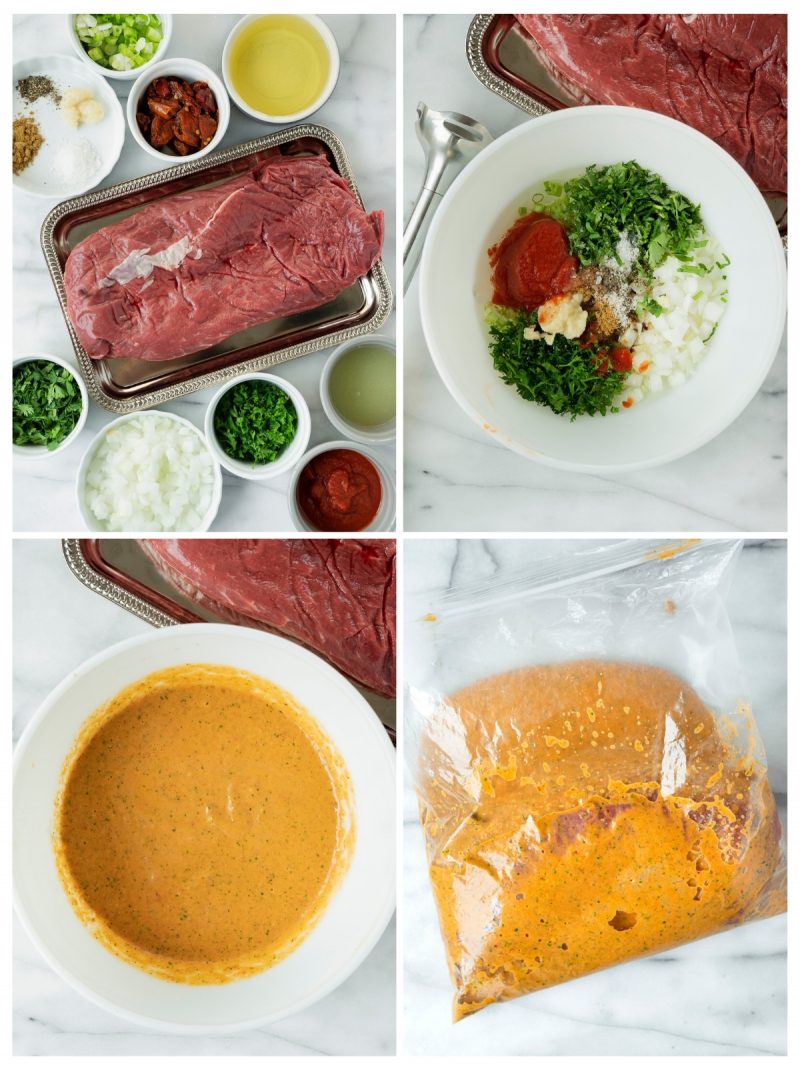 collage of the steps to marinate and cook carne asada tacos