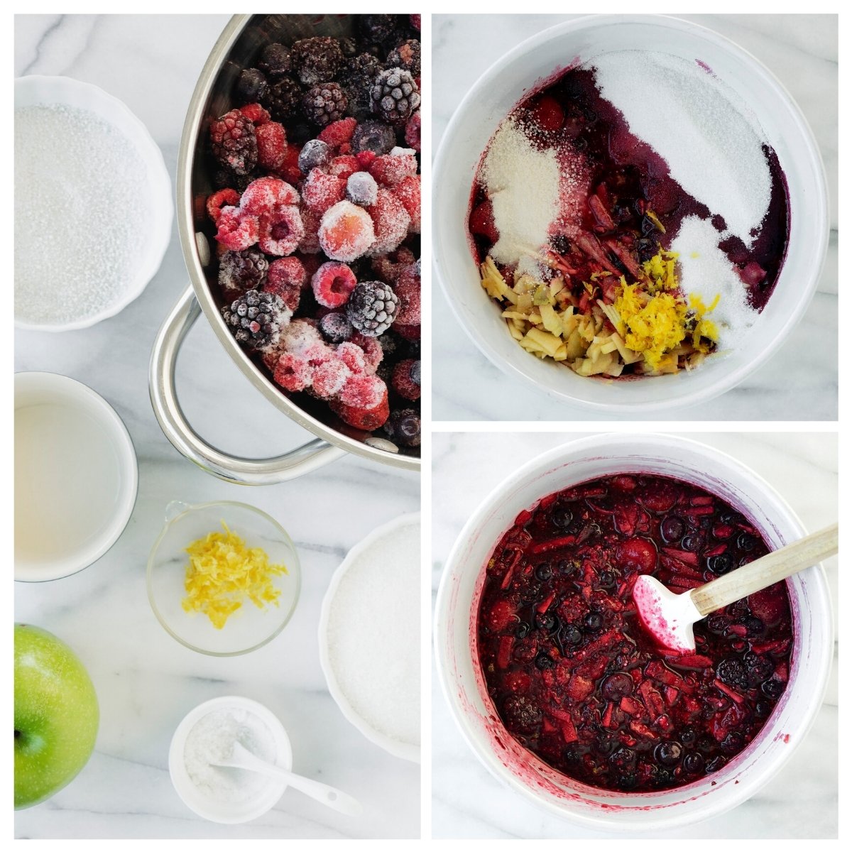 collage of the ingredients to make apple berry filling in a bowl