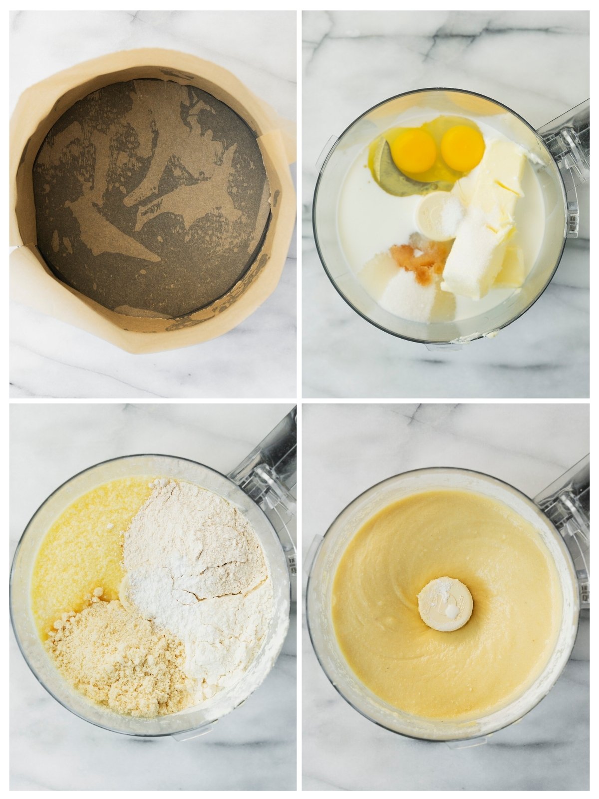 collage of the steps to make cake batter in a food processor