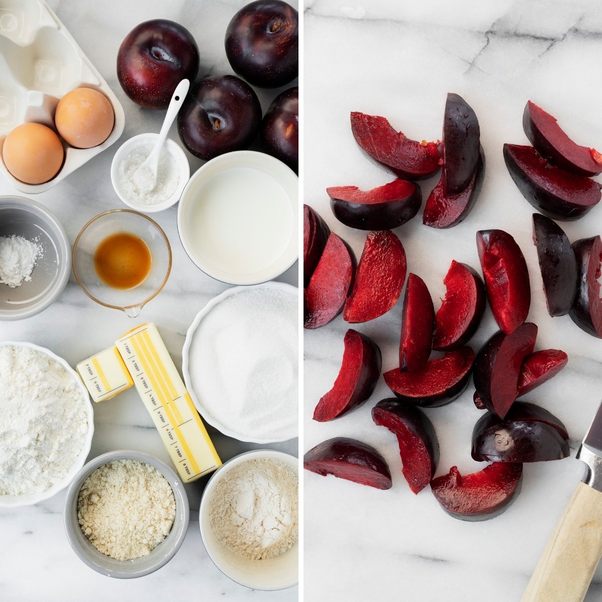 ingredients for plum cake, including sliced fresh red plums