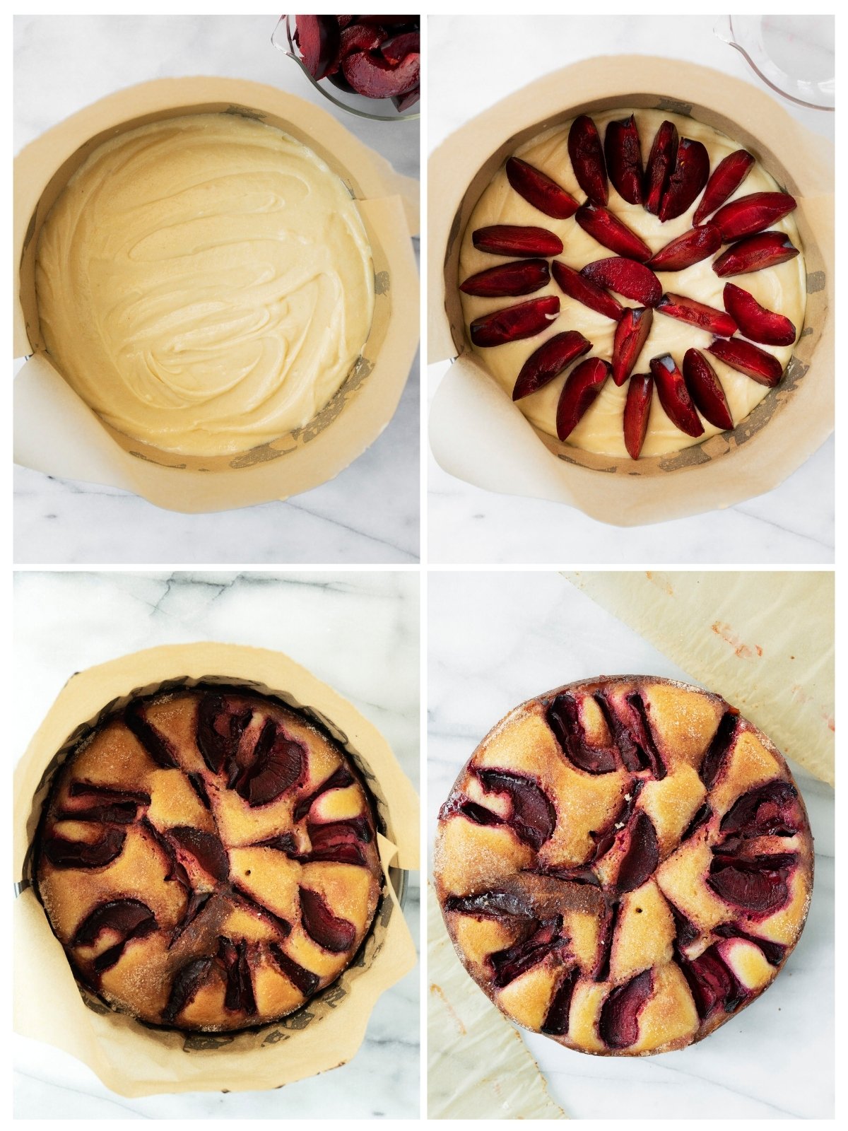 collage of filling and baking a cake with fresh plums