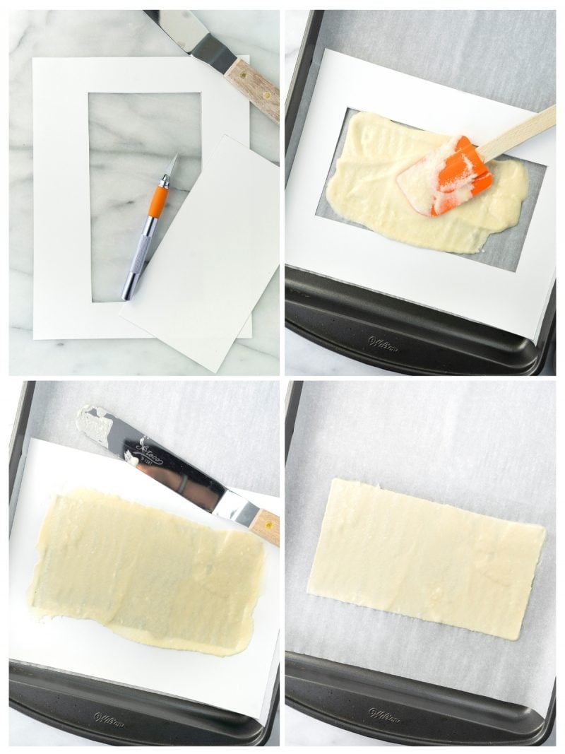 collage of steps to making tuile cookie dough 