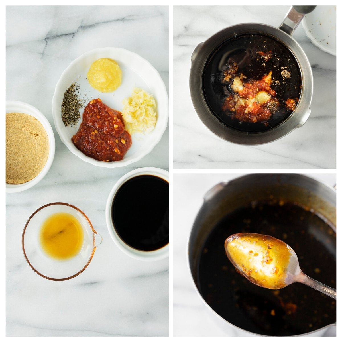 collage of the steps to make sauce with soy, sriracha, garlic and sesame