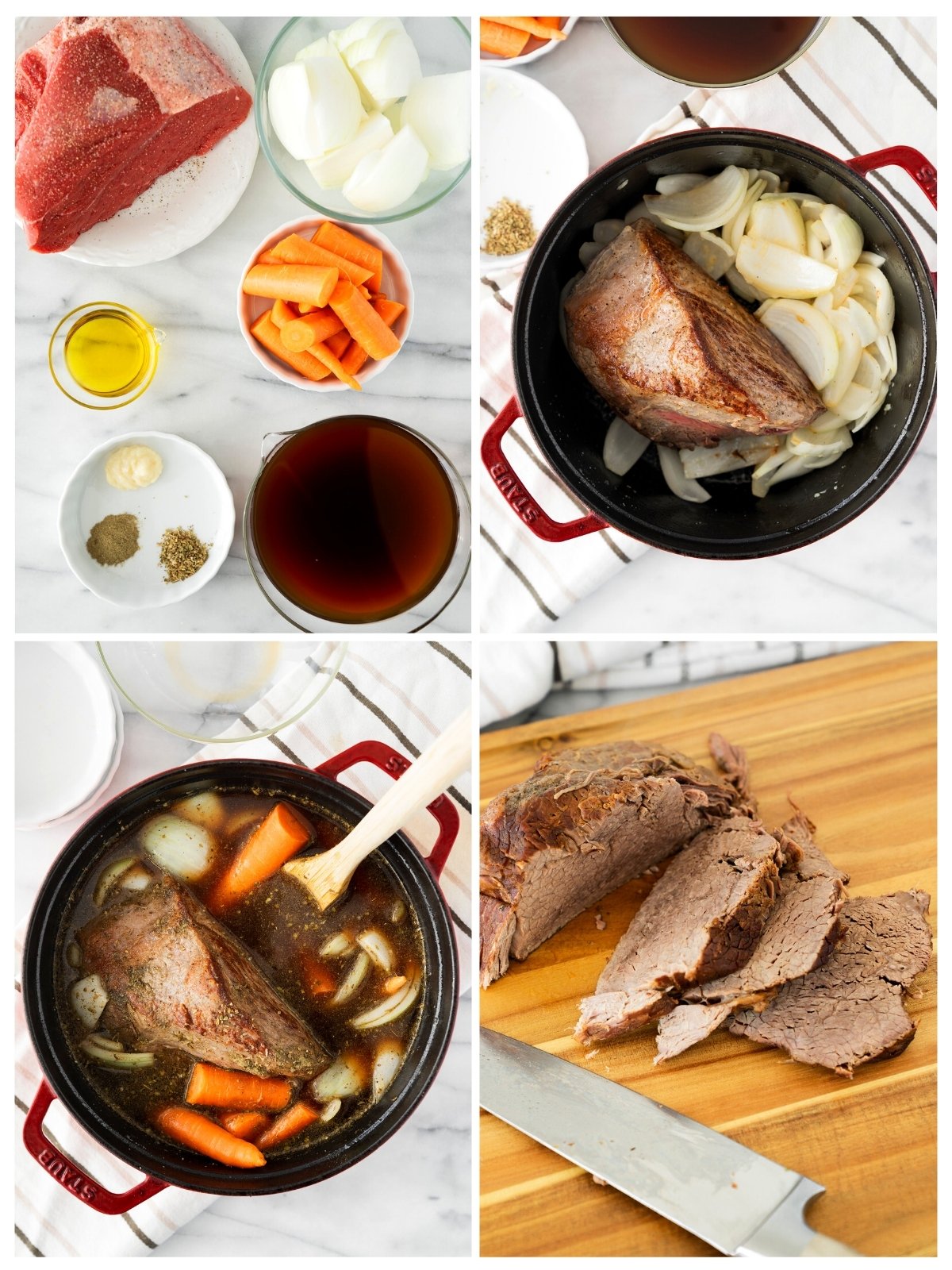 collage of the steps to make braised eye of round roast