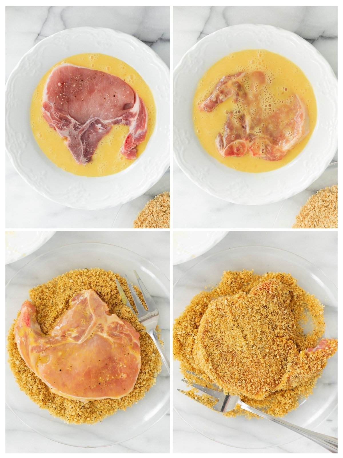 coating pork chops with egg and bread crumbs