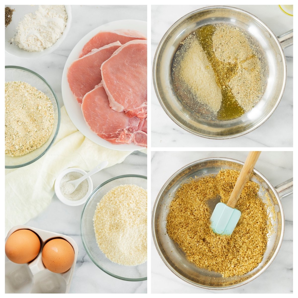 collage of steps to bread pork chops in bread crumbs
