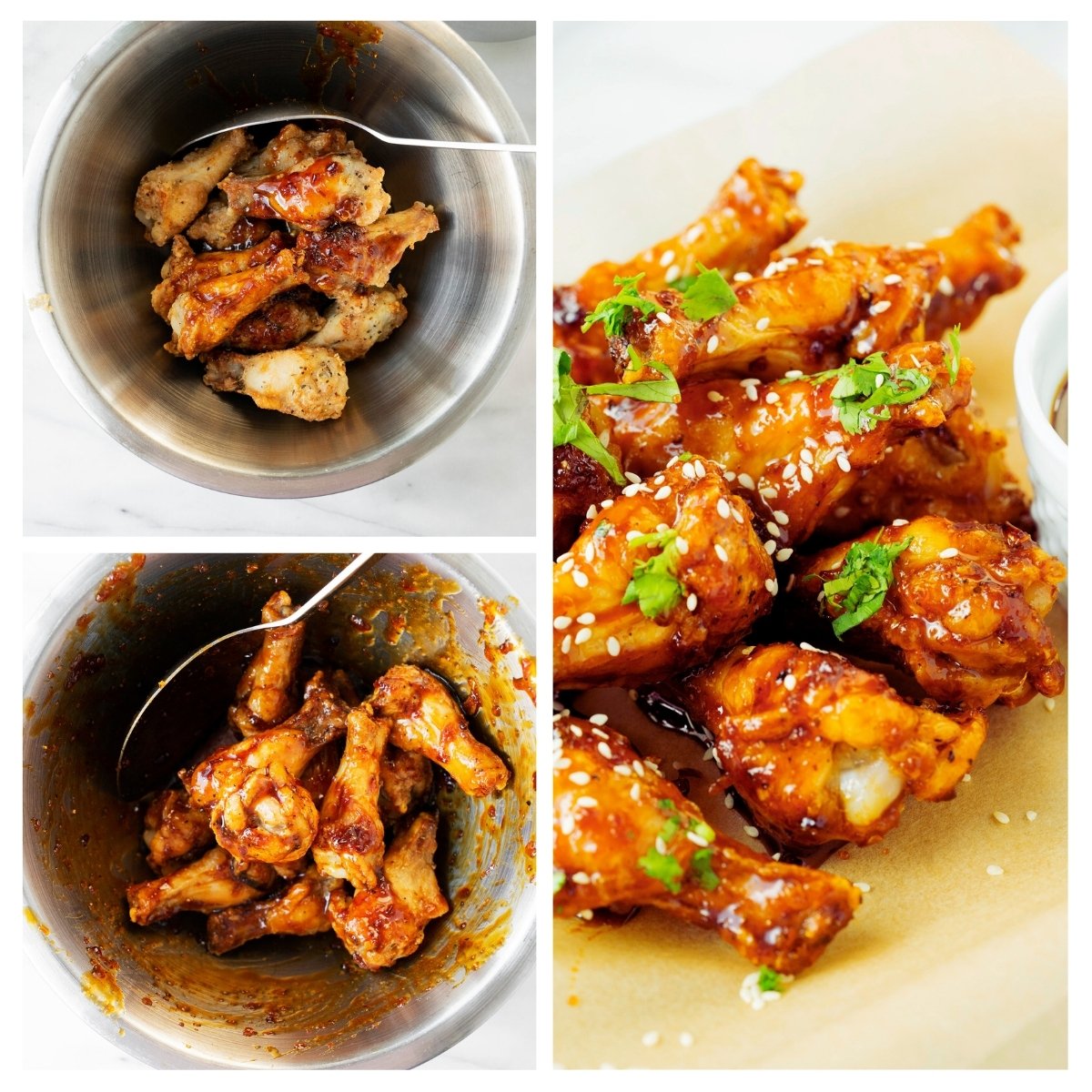 coating air fried chicken wings in sesame soy sauce