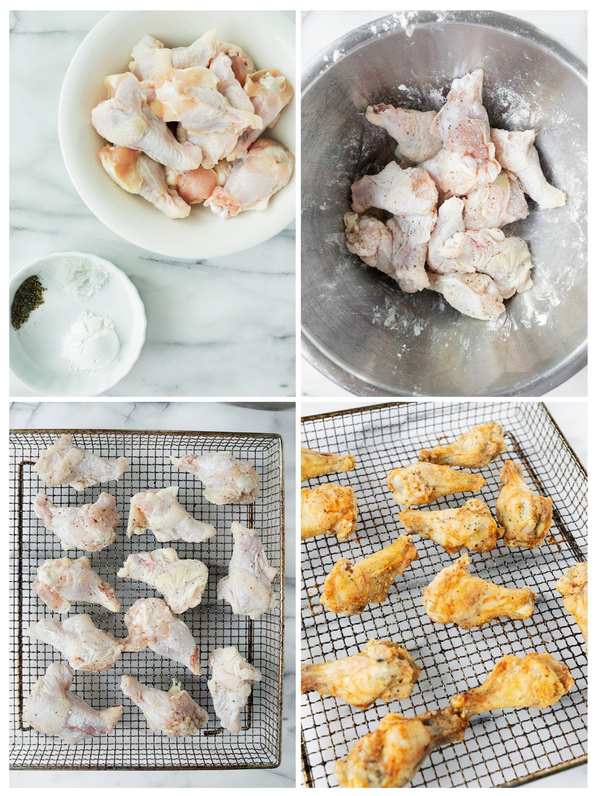 collage of coating chicken wings in flour for air frying