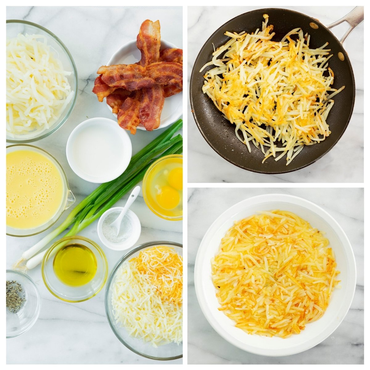 collage of ingredients and cooking hash browns for quiche