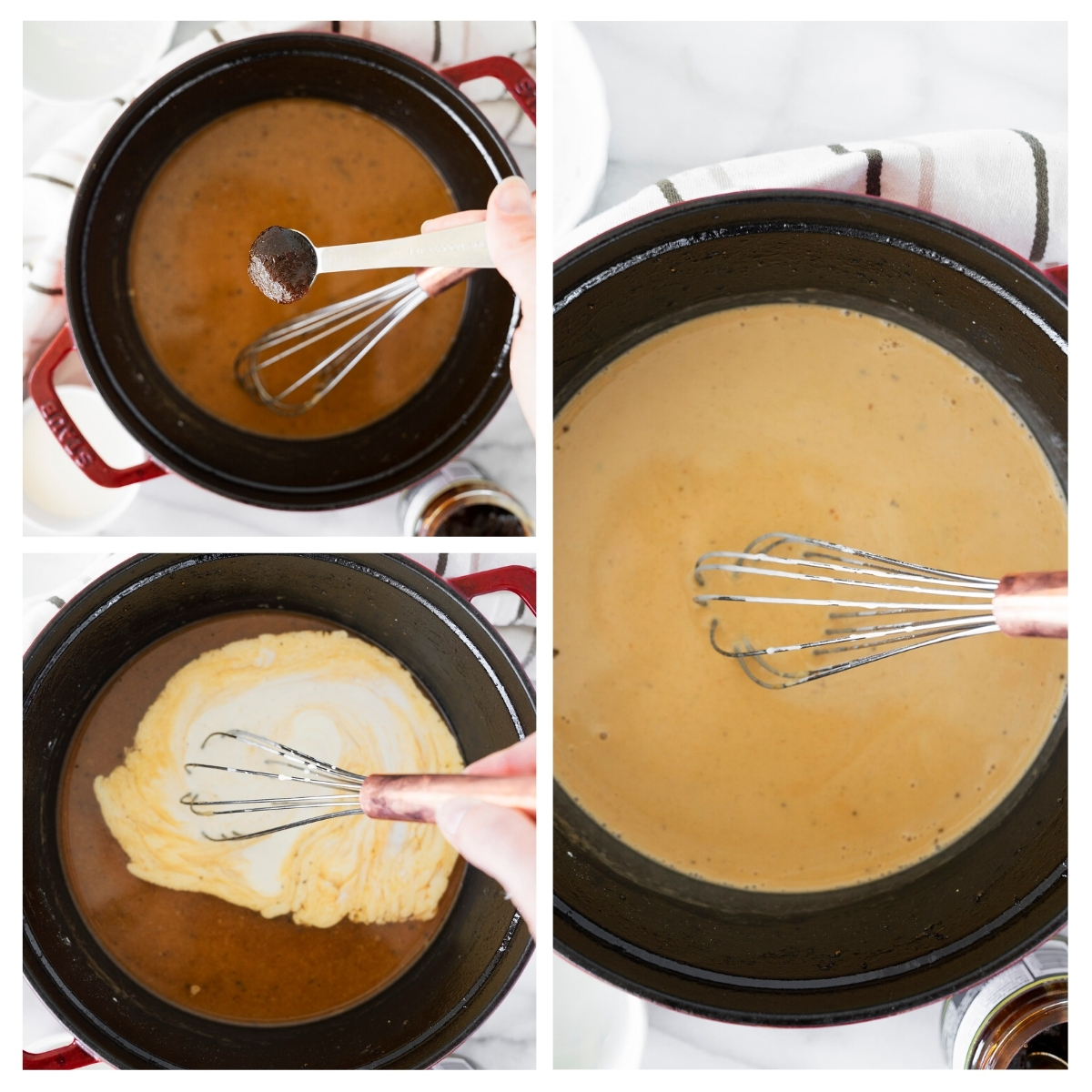 collage of making gravy in a black pot