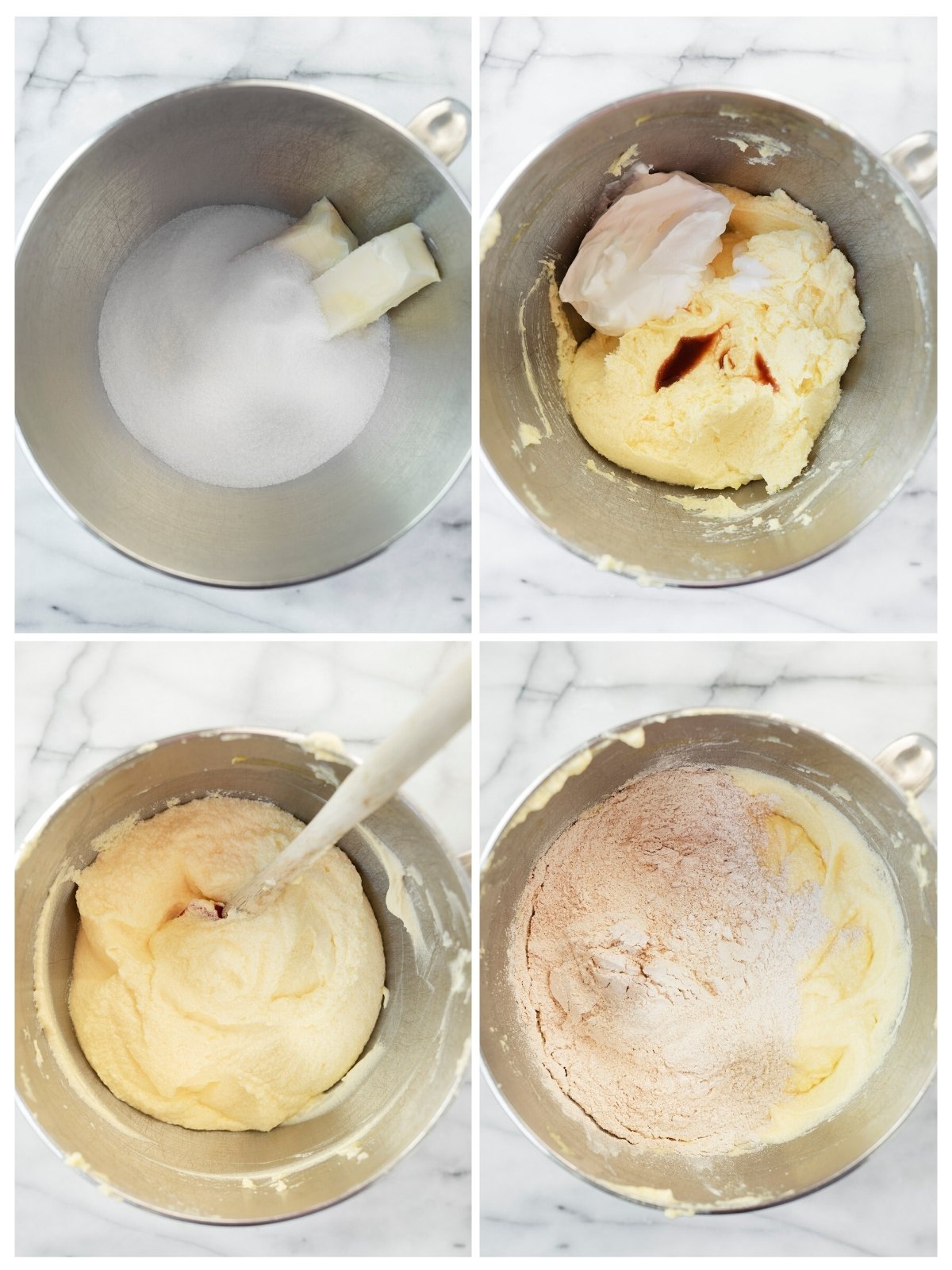collage of steps to make batter for cinnamon coffee cake