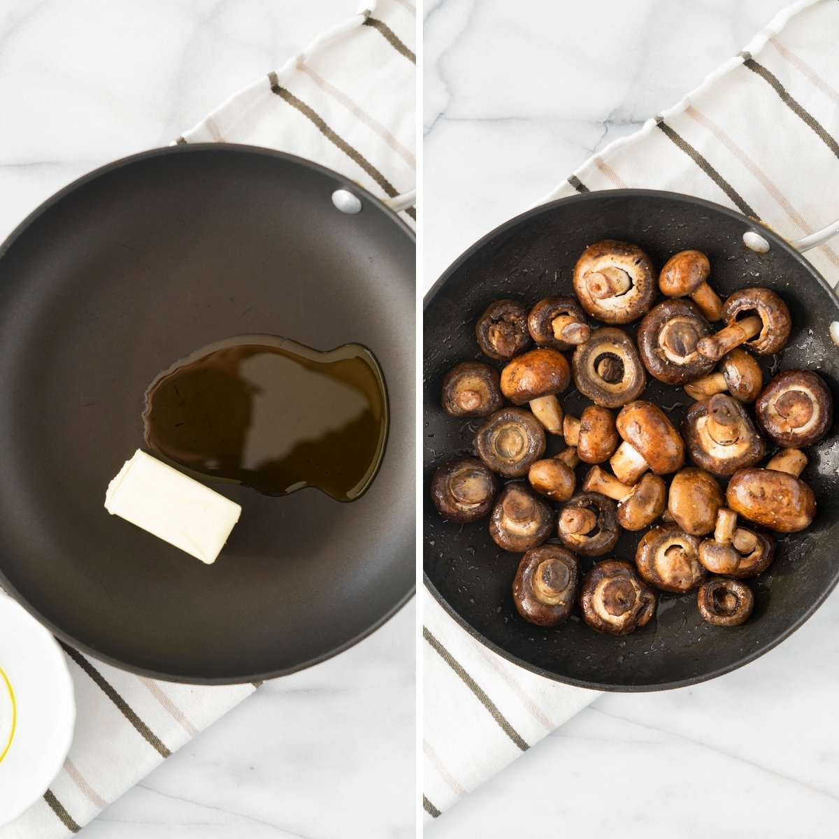 collage of sauteing whole mushrooms in butter in a skillet