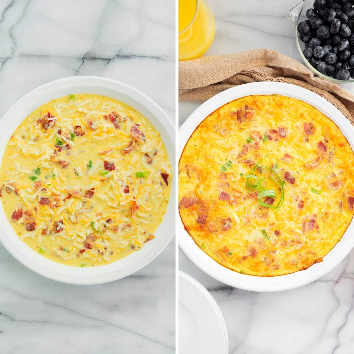 collage of hash brown quiche before and after baking