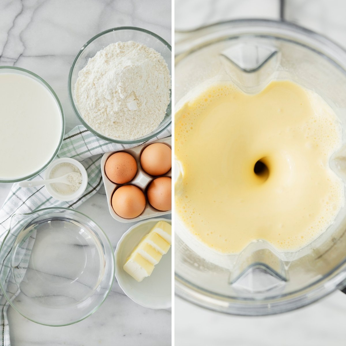collage of blending yorkshire pudding batter in a blender with the ingredients