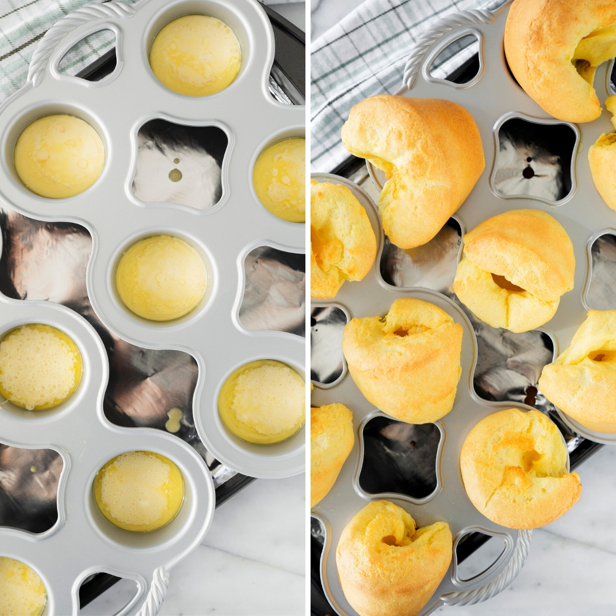 collage of yorkshire puddings before and after baking in the pan
