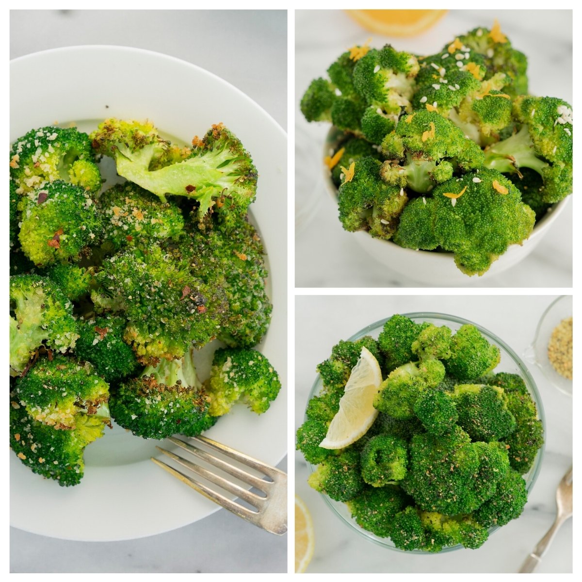 collage of air fryer broccoli three ways