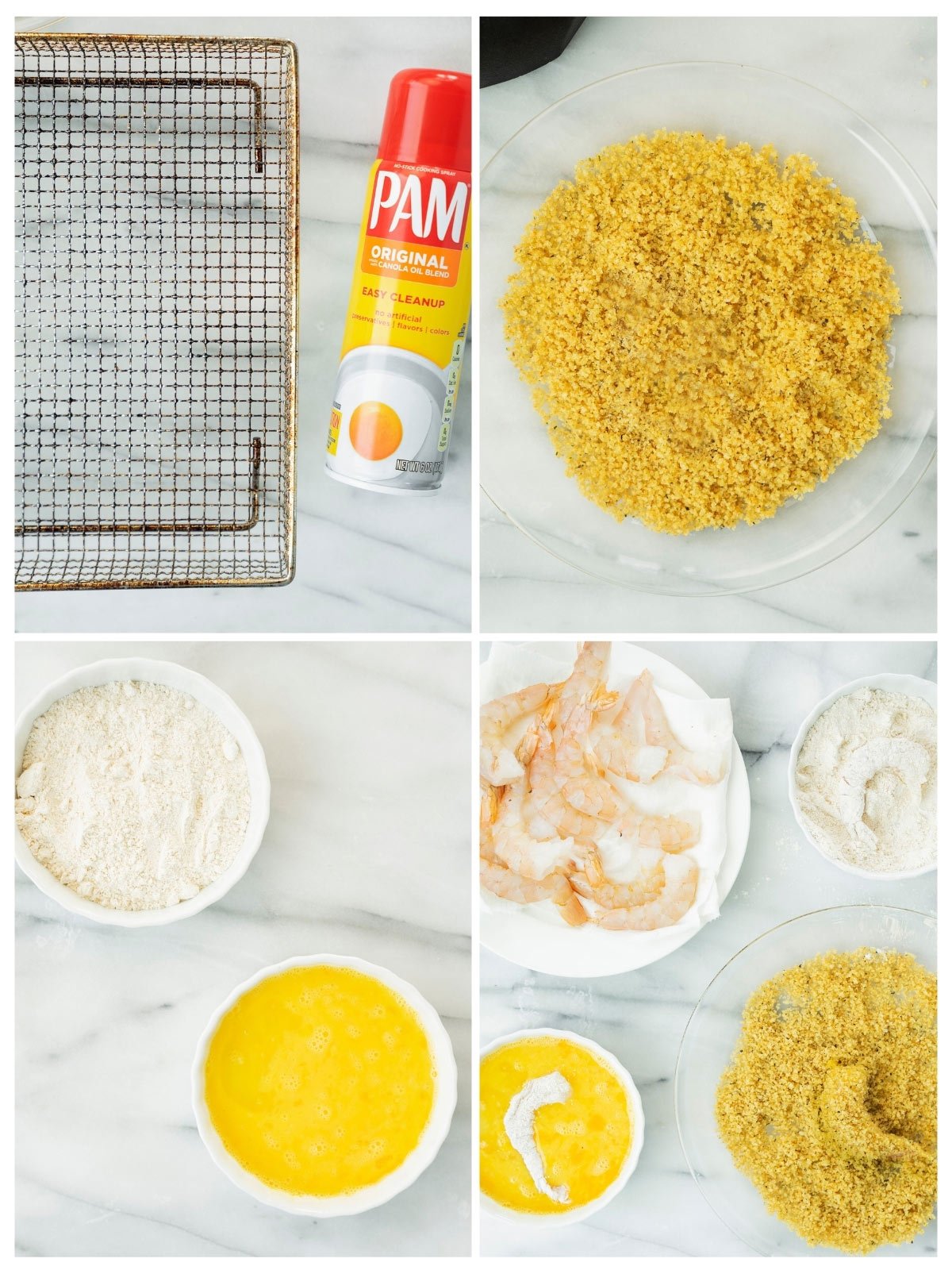 collage of steps to bread shrimp for air frying