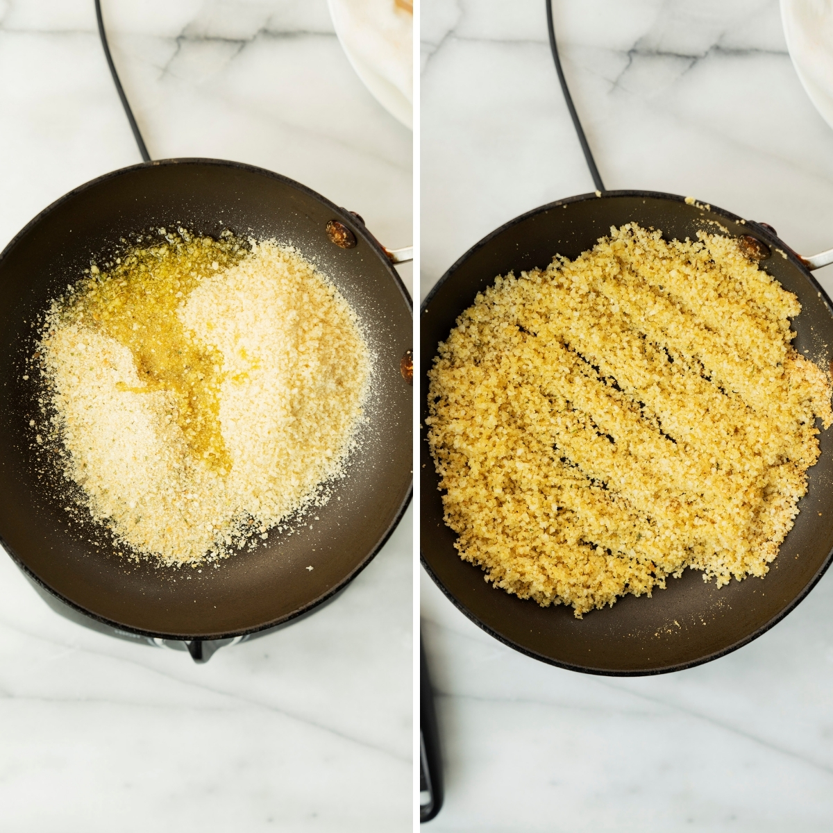 collage of toasting bread crumbs in a skillet
