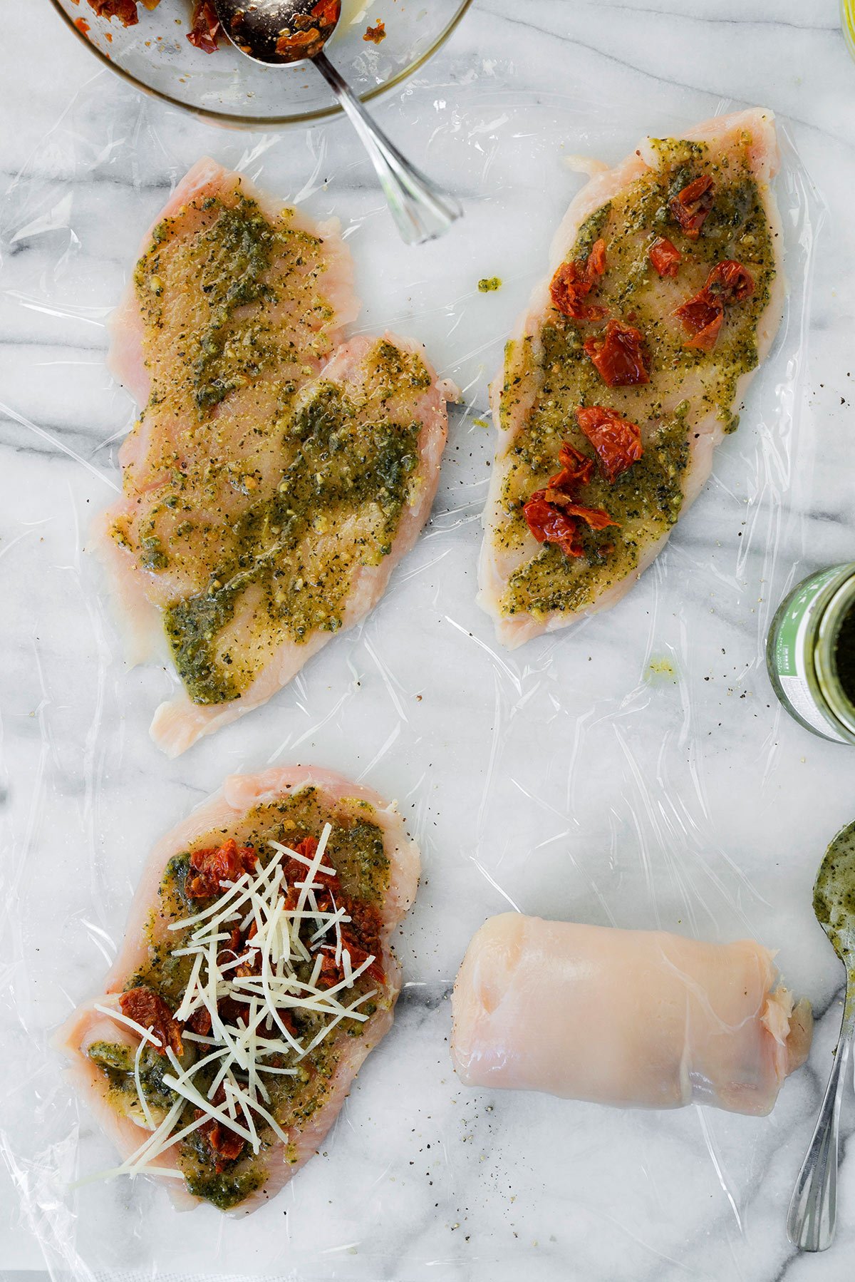 filling chicken breast with pesto