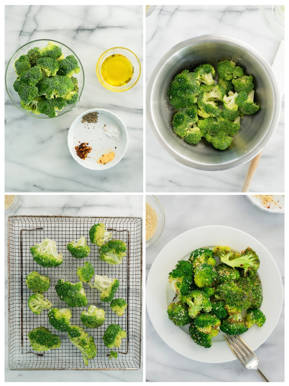 collage of making air fryer broccoli with classic seasoning