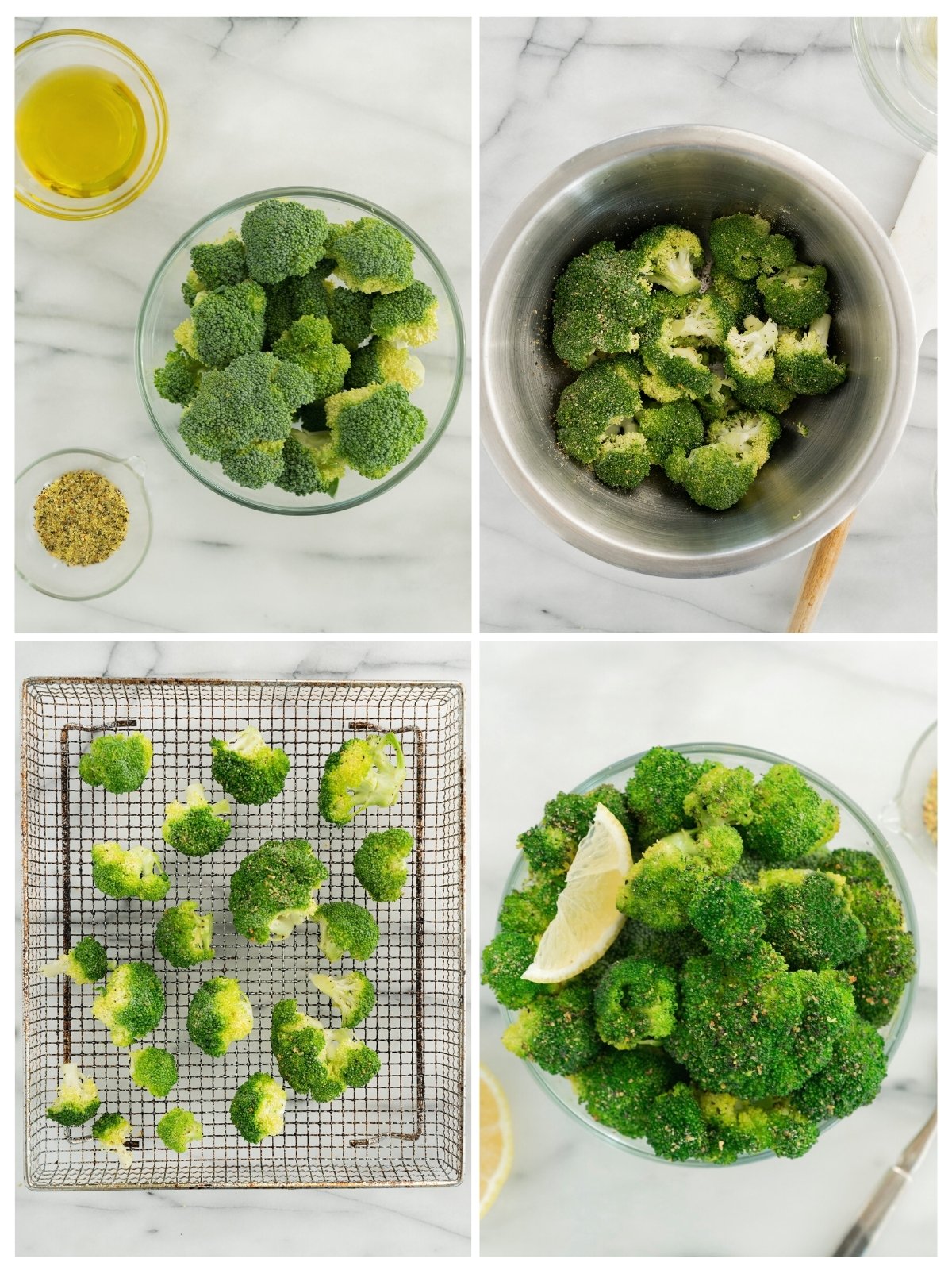 collage of lemon pepper air fryer broccoli