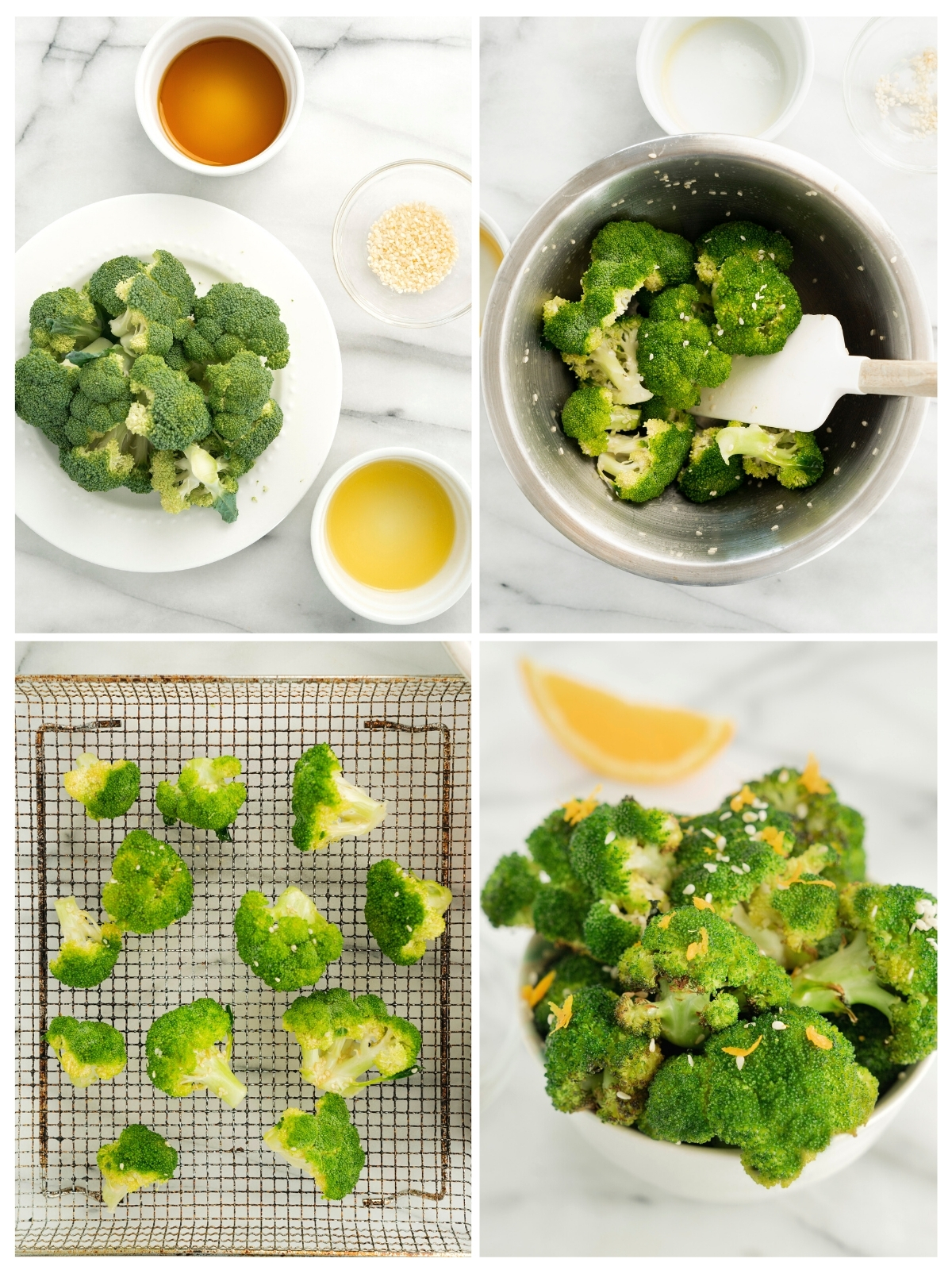 collage of orange sesame air fryer broccoli