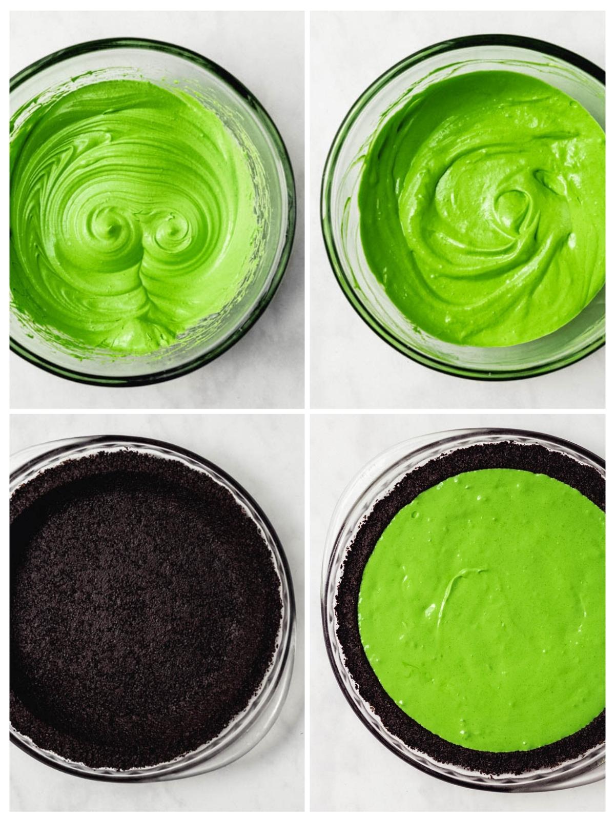 filling oreo crust with green cheesecake filling