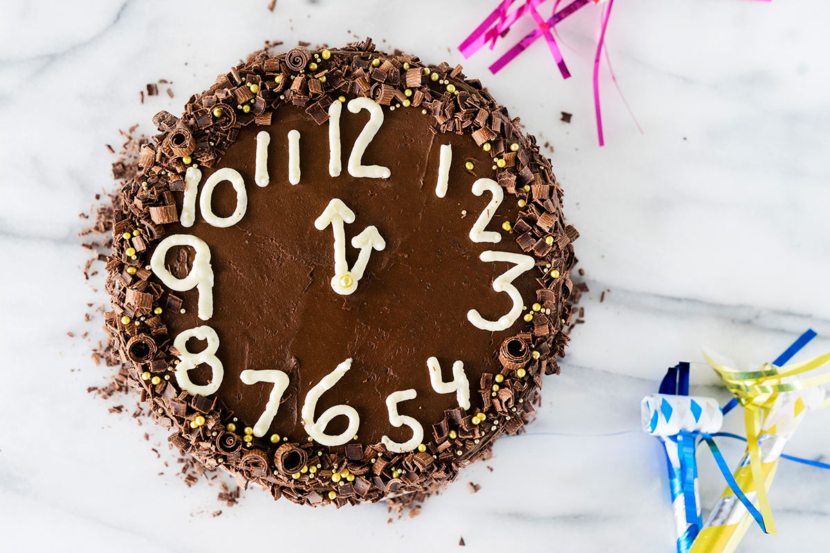 new year's eve chocoalte cake with a countdown clock