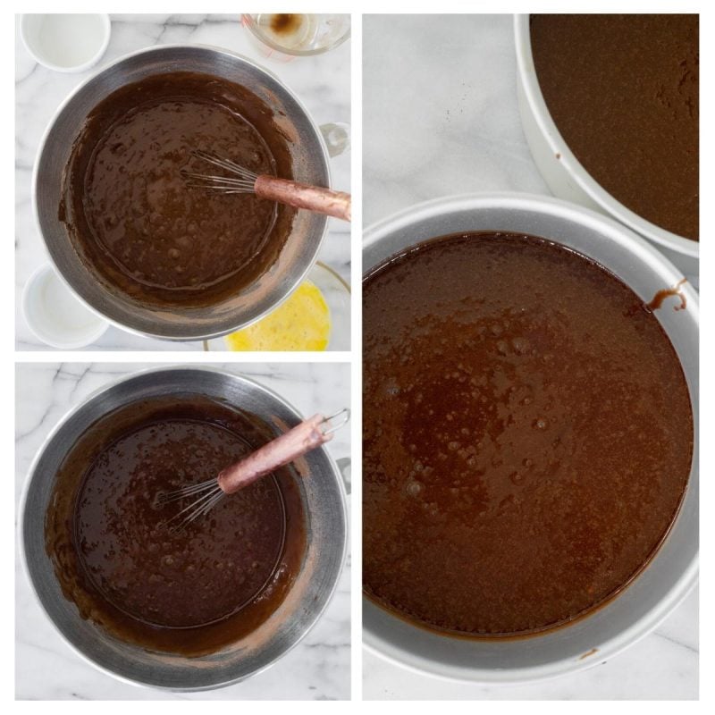 collage of adding melted chocolate to cake batter