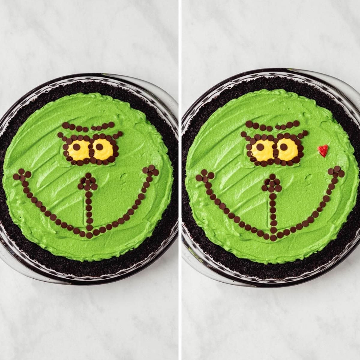 drawing a grinch face on a cheesecake