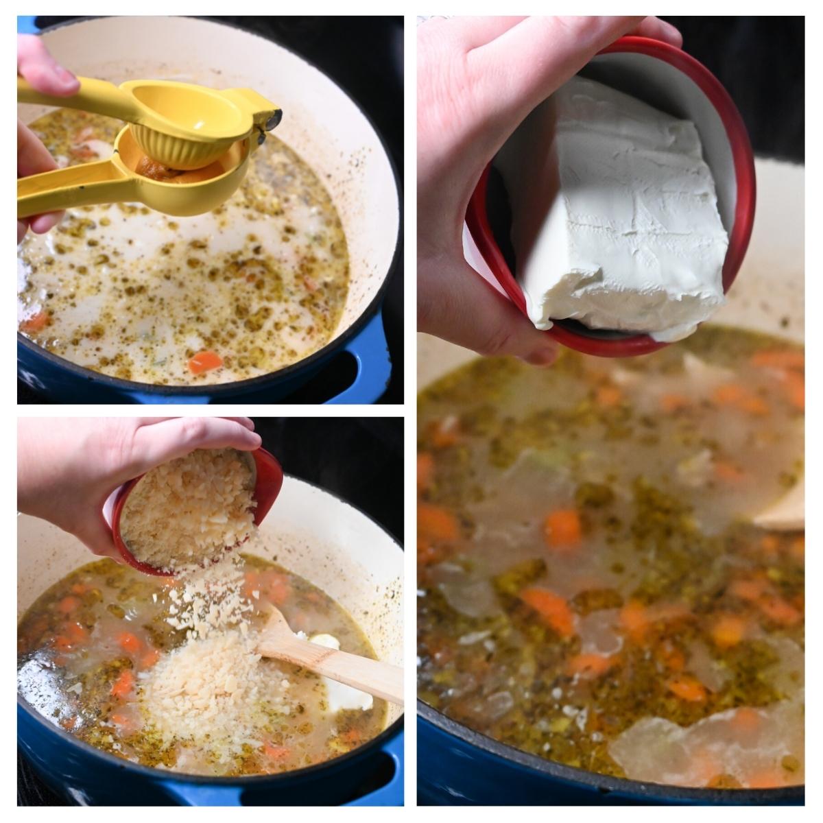 adding cream cheese and lemon to orzo soup with chicken
