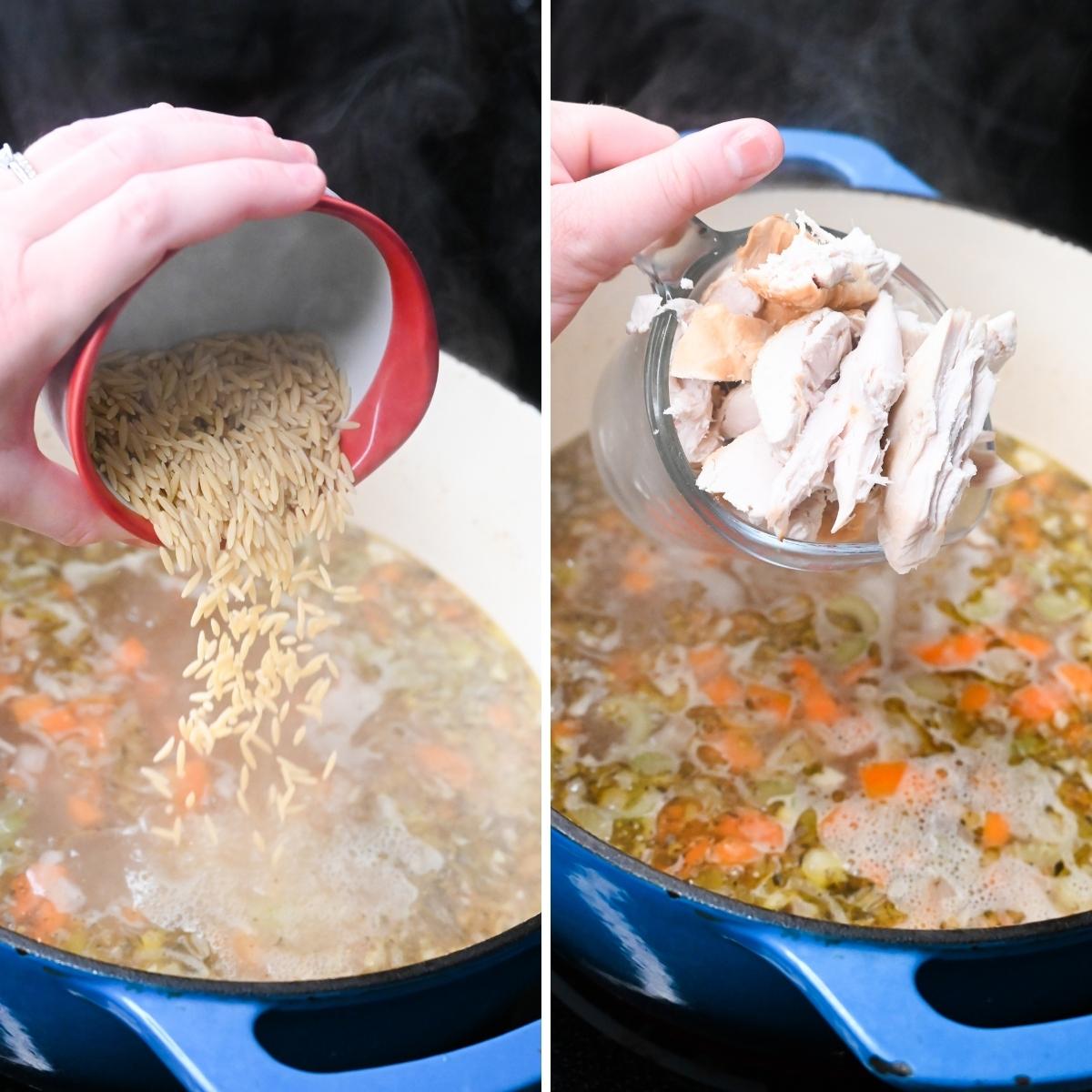 adding orzo and chicken to soup in a pot